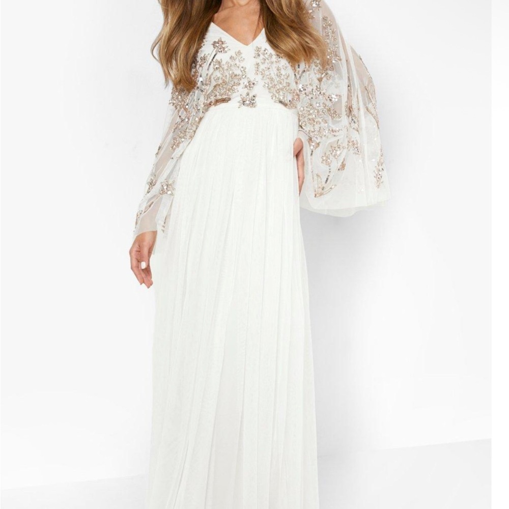 White Maxi Dress Gown with Gold Hand Embellishments and Flare Sleeves